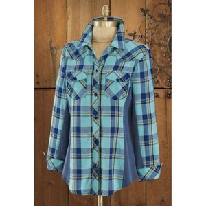 Back In The Saddle Women's Western Wear Barn Shirt Blue Plaid Side Panels Medium